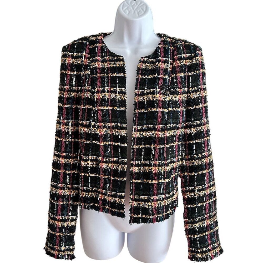 Karl Lagerfeld Paris Women's Tweed Open-Front Plaid Jacket Size 6 Black